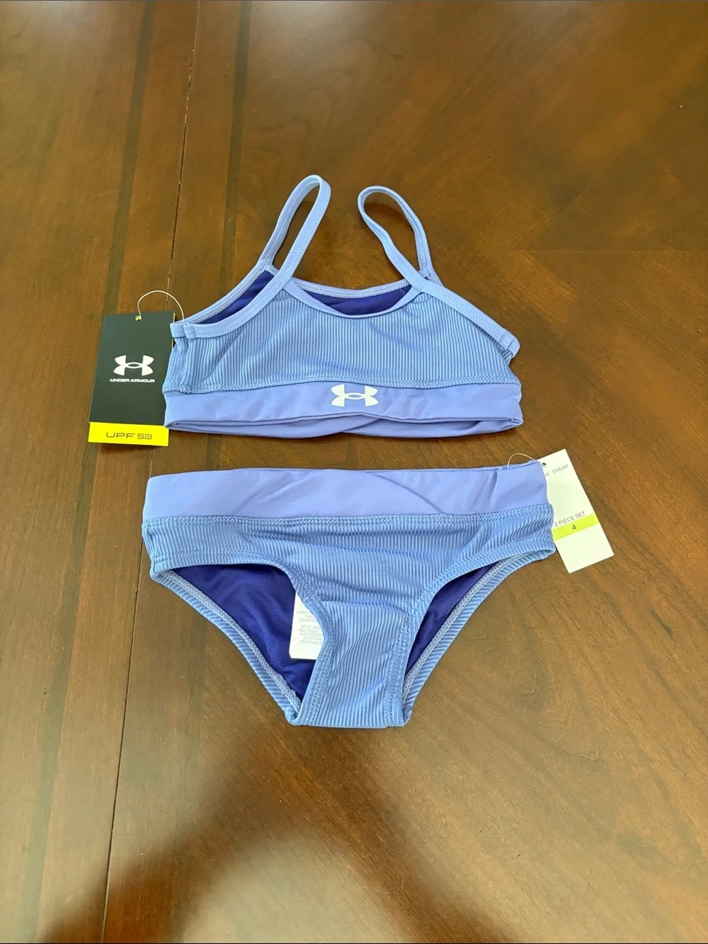 Under Armour Girls 4 periwinkle Purple Ribbed 2 Piece Swimsuit Bikini NWT $36